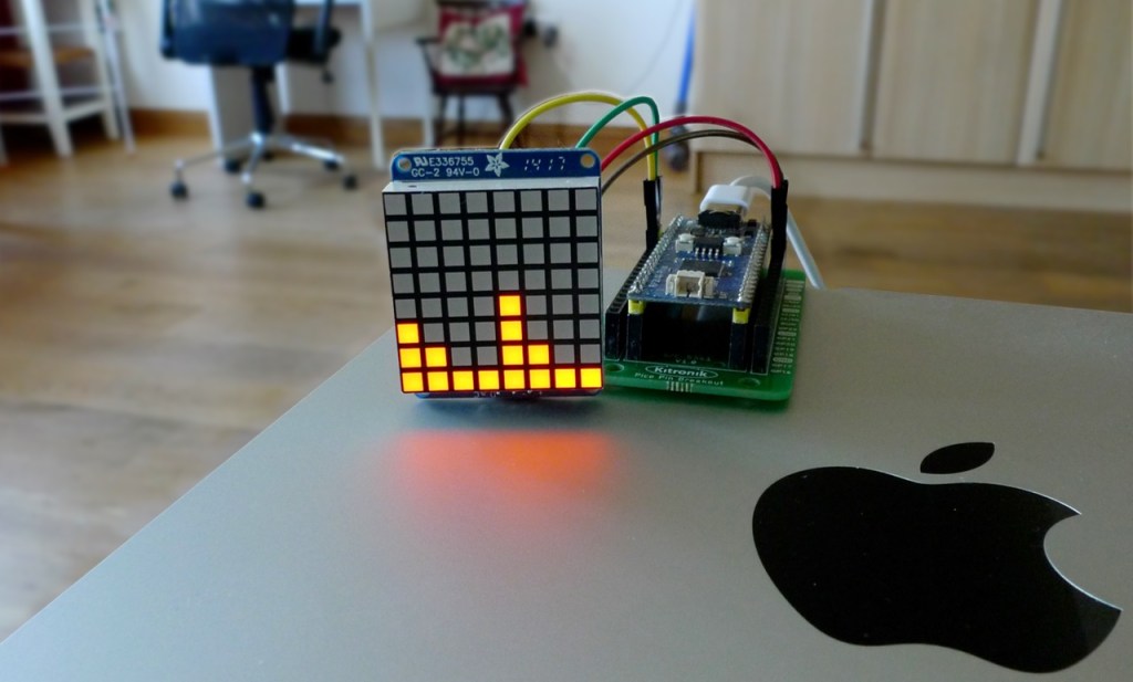 An I2C matrix display showing my Mac's CPU utilisation graphically