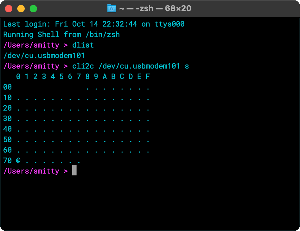 The I2C driver can scan for and output a table of connected I2C devices