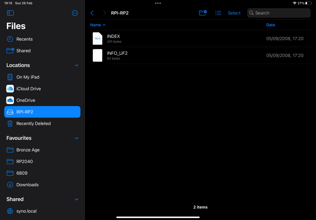 iPadOS' Files app views a mounted Raspberry Pi Pico