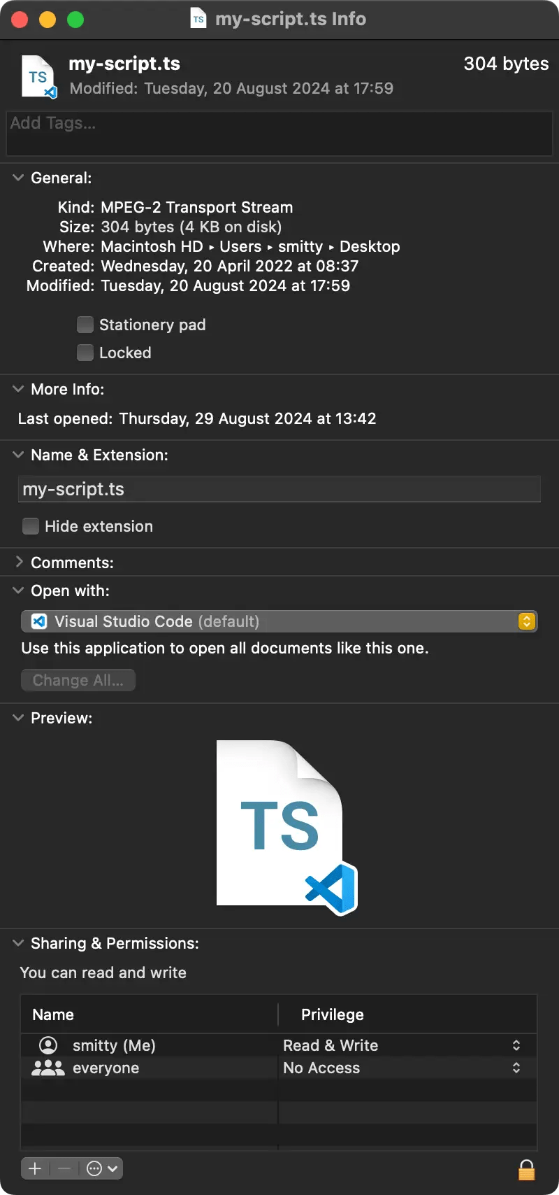 Finder info for a .ts typescript file