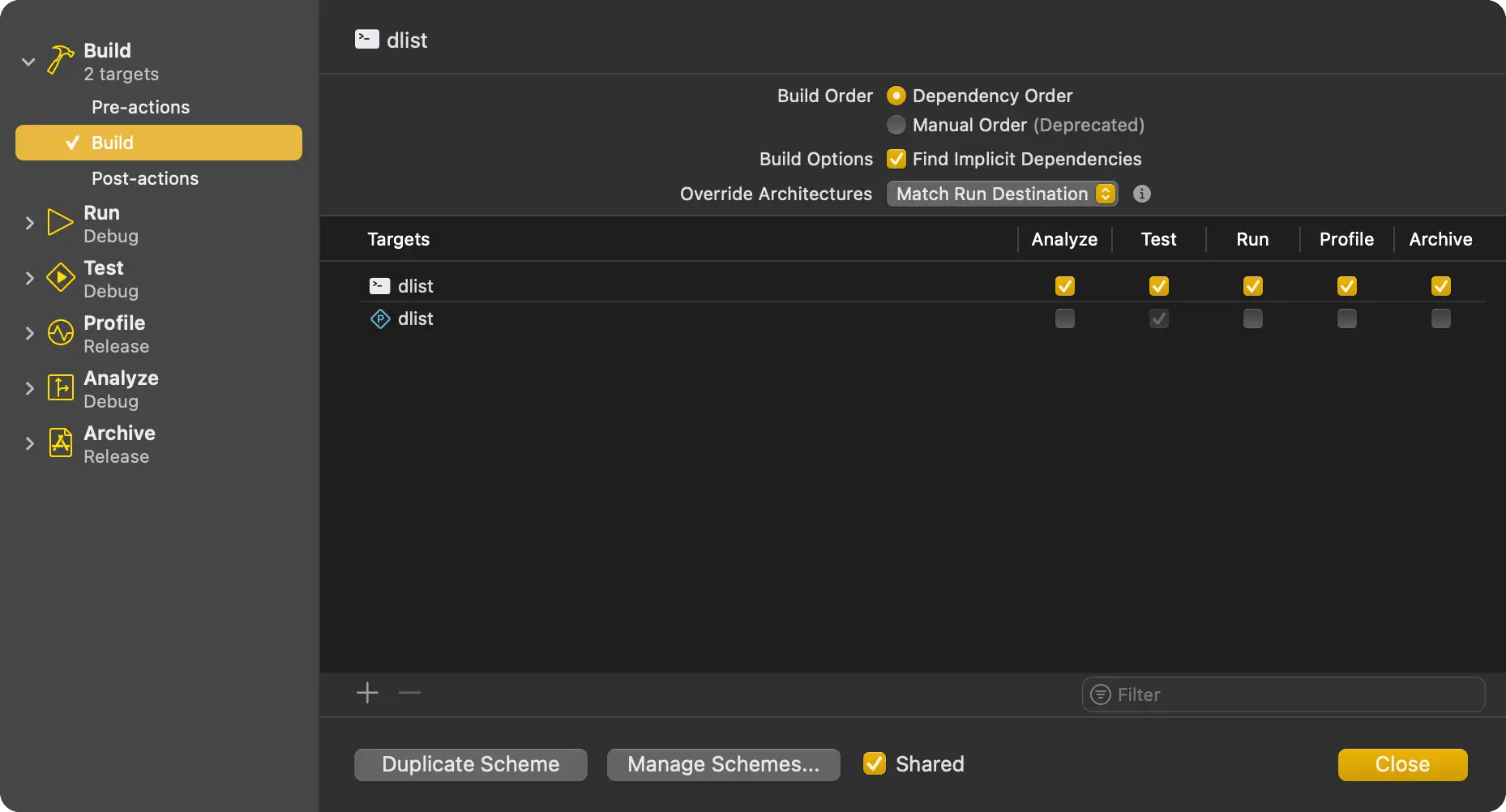 xcode scheme settings for dlist