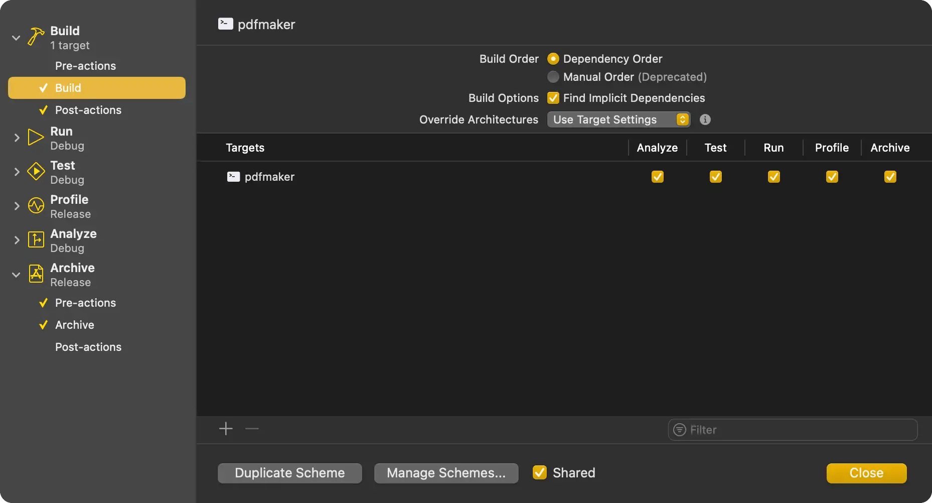 xcode scheme settings for pdf maker